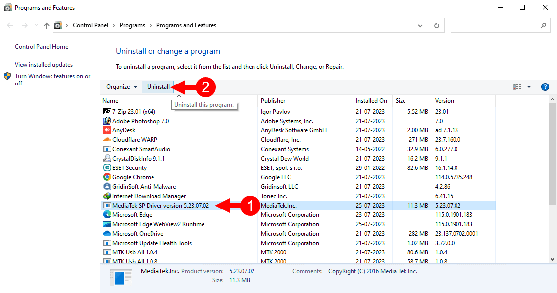 MediaTek Driver Remove Select UnInstall