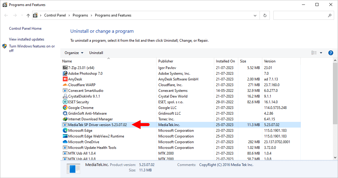 MediaTek Driver Remove Select